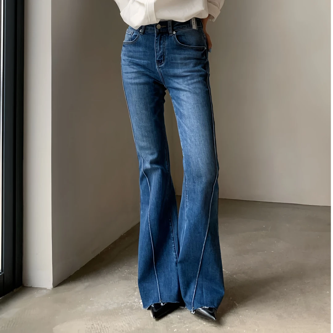 CHEFIGO超大弹力超模喇叭牛仔裤莱卡面料