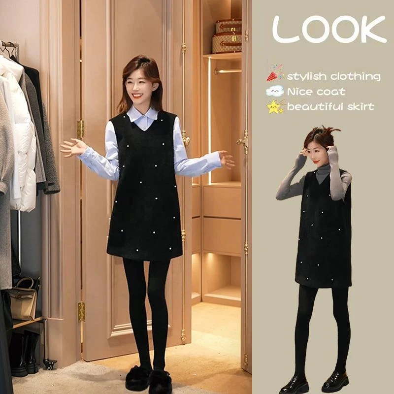 今年流行漂亮背心裙子2025秋冬新款小个子遮屁股黑色背心连衣裙女