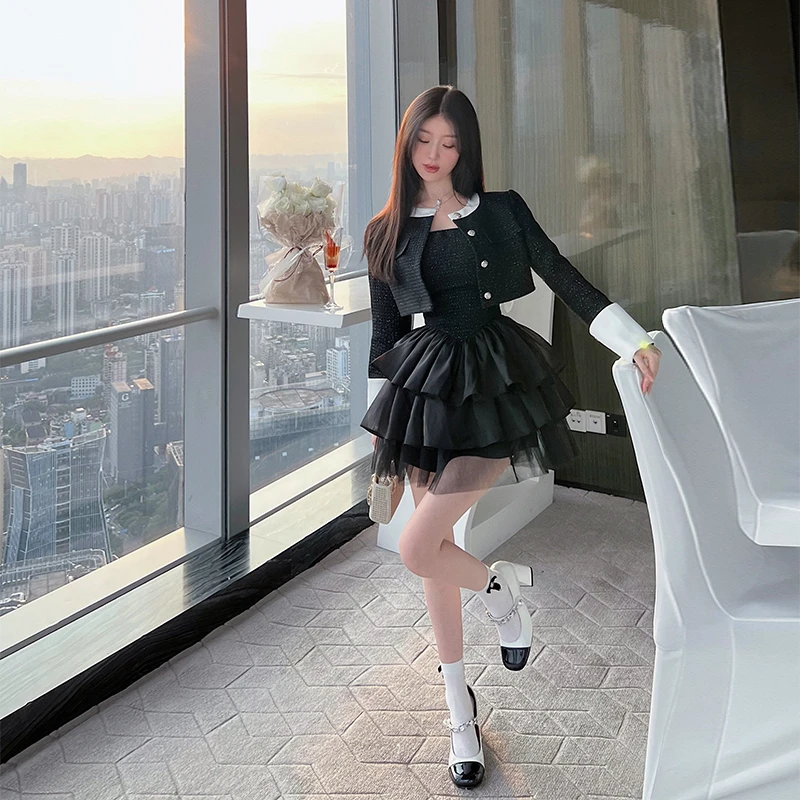 【T2014】熊熊屋掐腰显瘦细闪银丝粗花呢外套抹胸裙香风套装