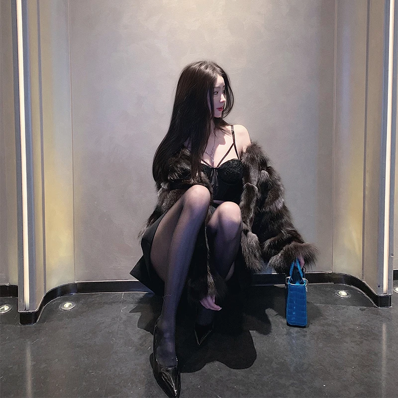 熊熊屋【戛纳之夜】高定大牌感黑银全天然银狐皮草外套