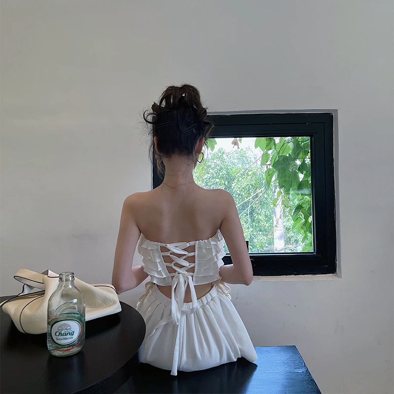 【S0610】熊熊屋【奶欲小白白】 甜美蛋糕层清纯抹胸绑带上衣