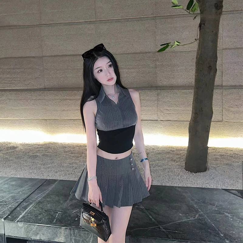 【加州西海岸】穿出芭比腰无袖polo领拼接衬衫百褶jk套装裙