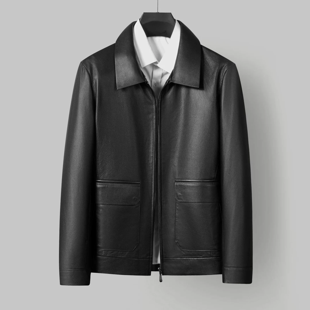 海宁真皮头层小黄牛皮 春秋单款爸爸装商务休闲时尚 翻领夹克外套