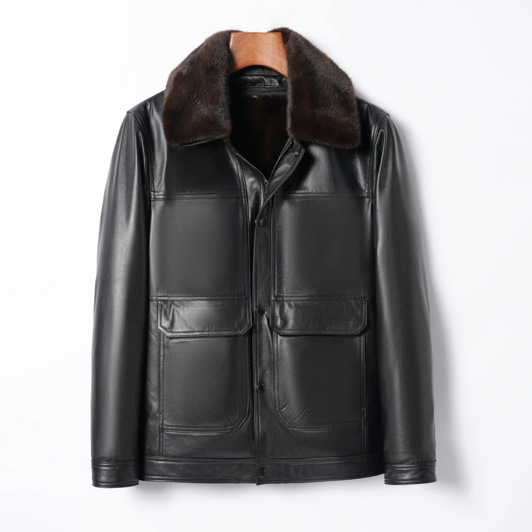 2208海宁真皮头层小黄牛皮冬季休闲时尚翻领貂绒内胆毛领夹克外套