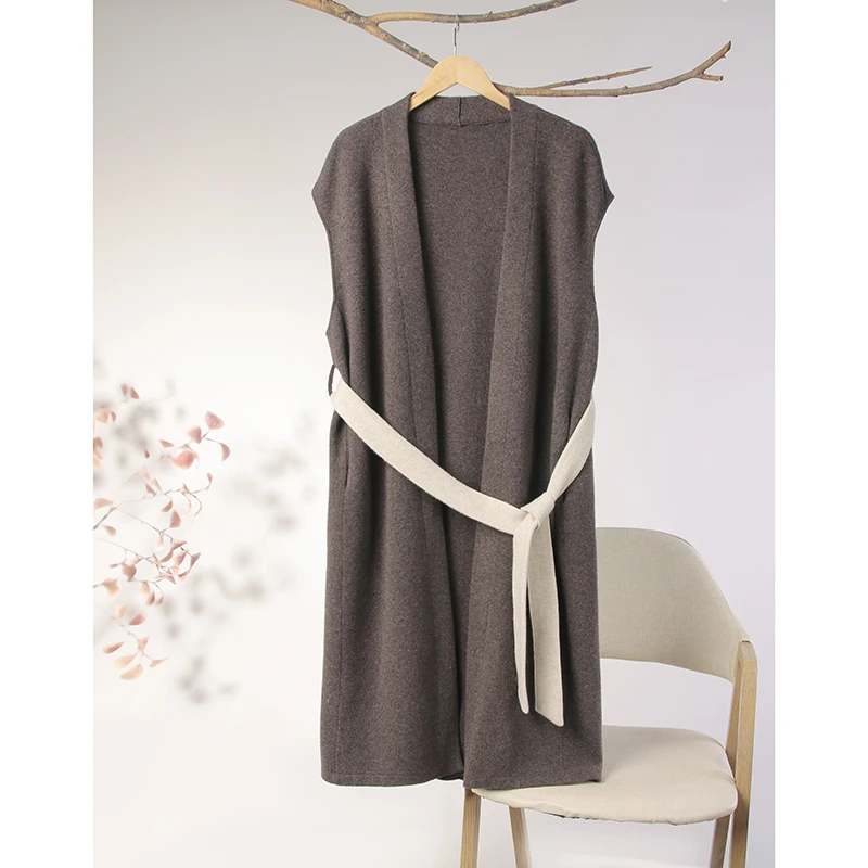 秋冬女重磅长款马甲外套系腰带气质时尚无袖外套外搭针织开衫宽松