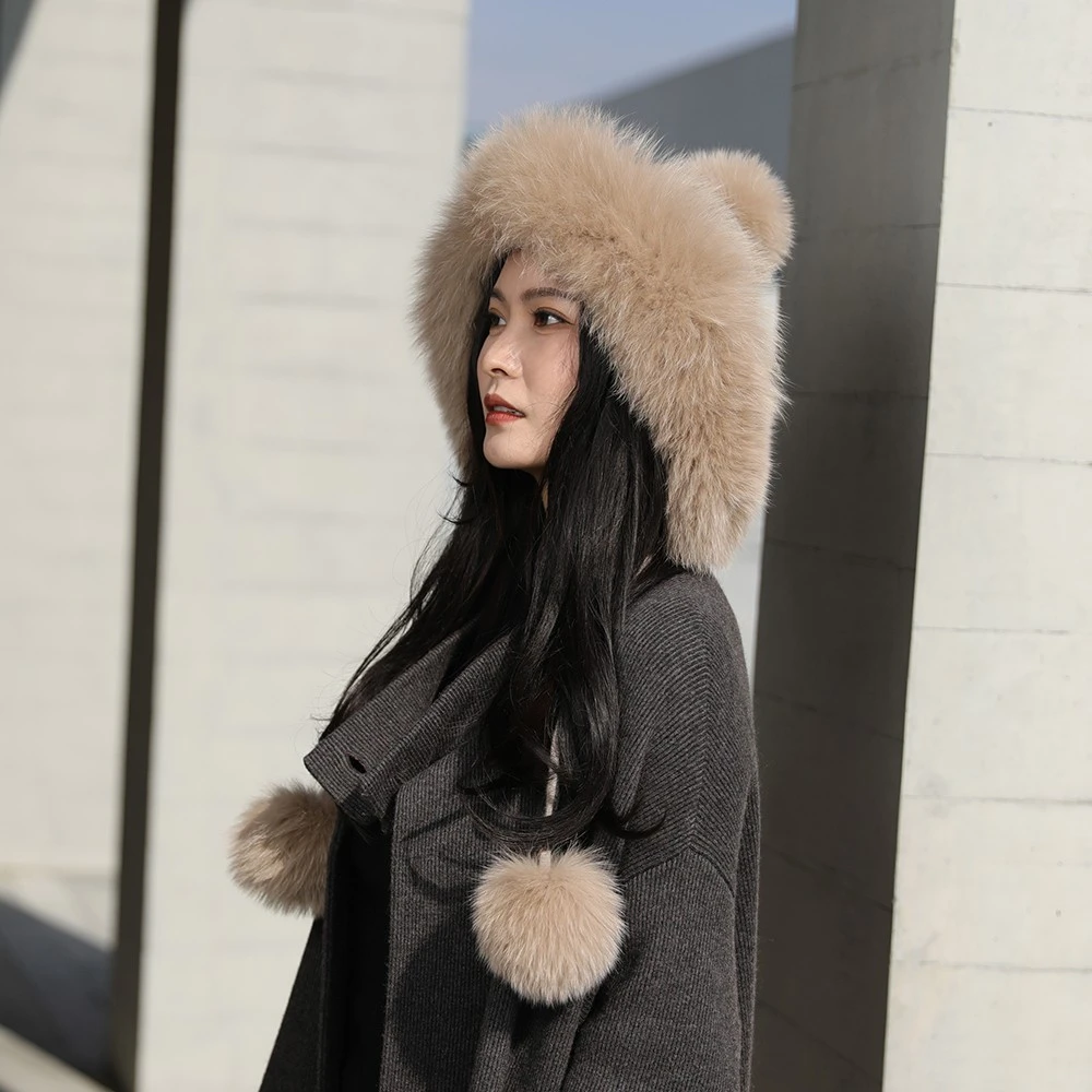 cashmere意单高奢 100%羊绒帽子绞花毛球毛圈女秋冬季风雪帽针织