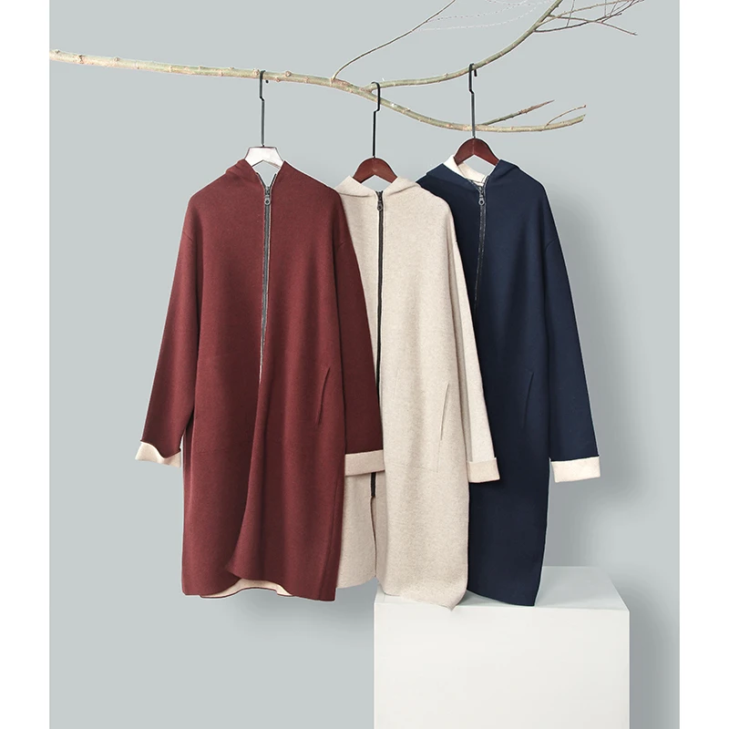 秋冬加密加厚双面双色山羊绒针织中长款连帽拉链大衣宽松显瘦保暖