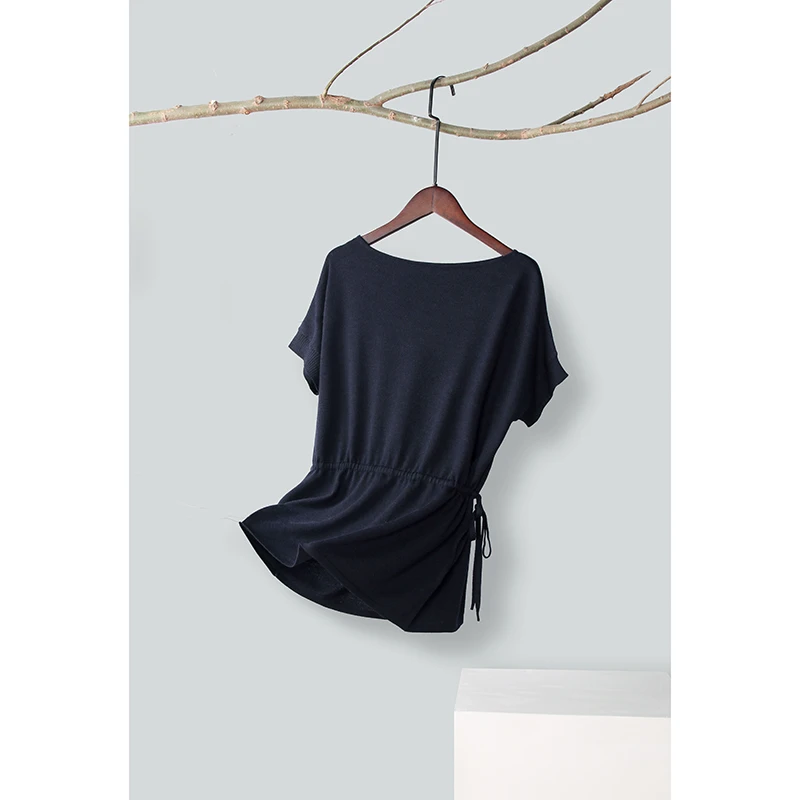 小众设计感山羊绒短袖抽绳可调节大小宽松显瘦优雅时尚薄款夏季