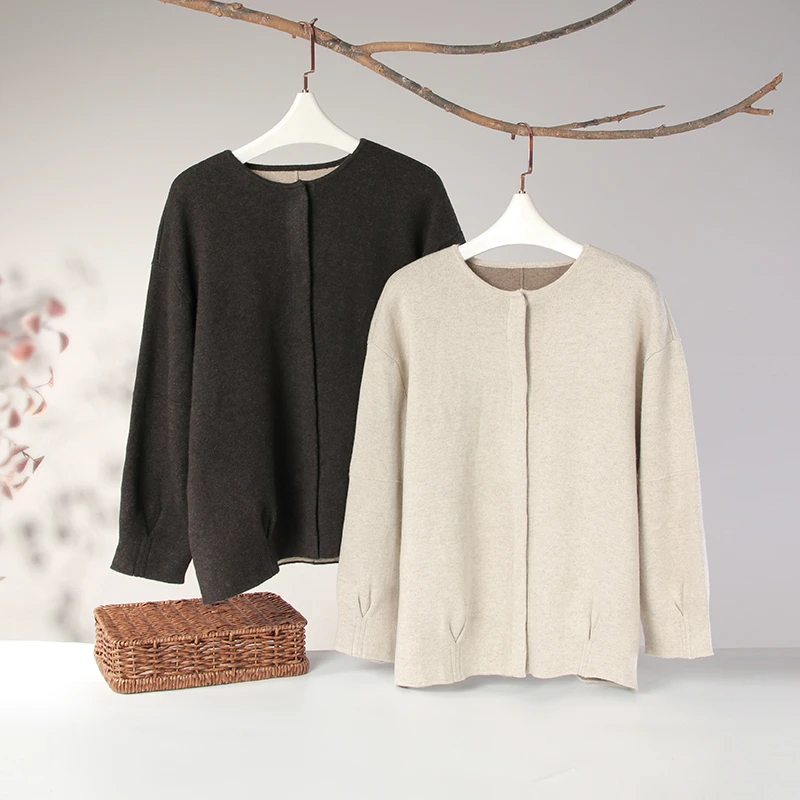 双面双色纯羊绒圆领短款大衣外套高密度秋冬新款宽松显瘦百搭