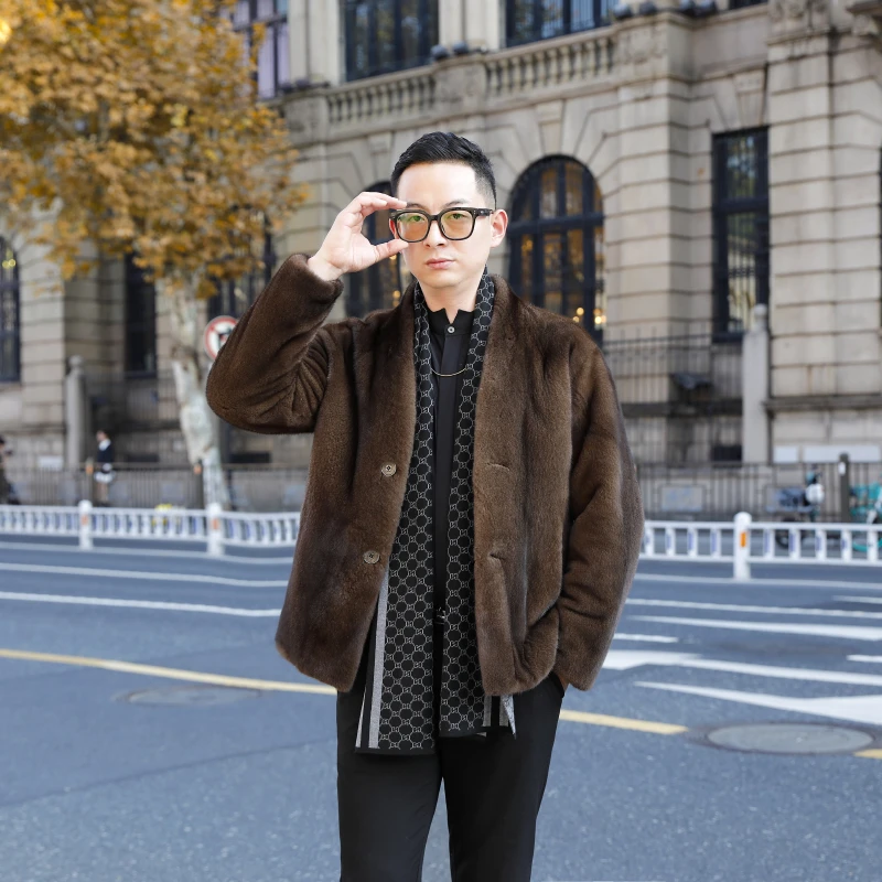 水貂大衣男整貂紫标级咖啡本色水貂毛潮流短款V领道袍外套