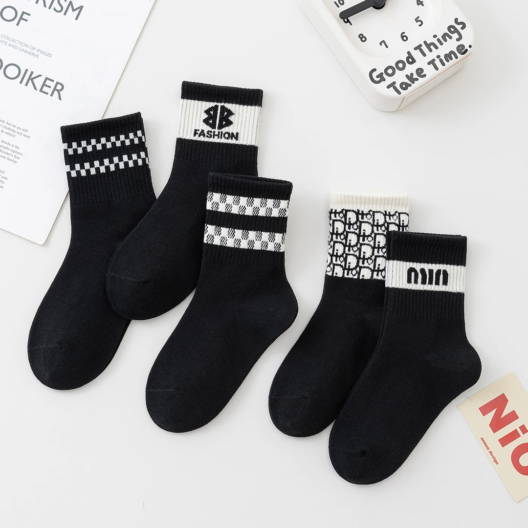 儿童袜子春秋冬中筒棉袜黑色运动ins潮袜男童女童中大童宝宝袜子