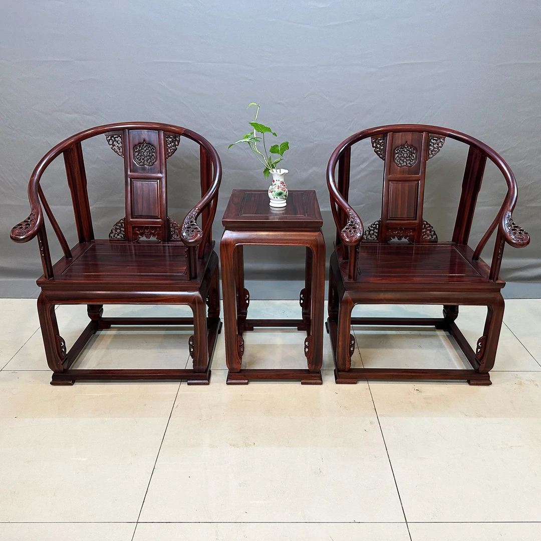 南美酸枝全料古典雕花皇宫椅三件套
