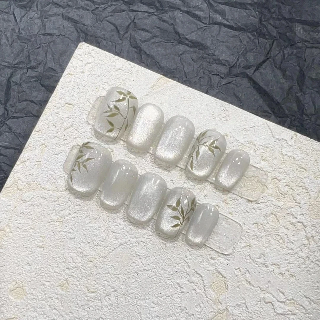 【竹林山水】中式纯手工白色猫眼穿戴甲