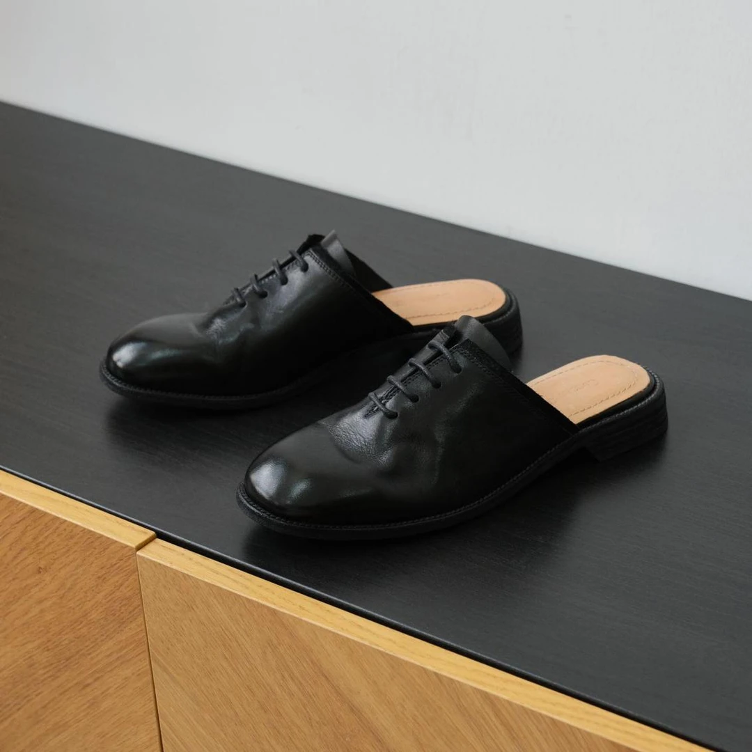 黑色圆头细带真皮穆勒鞋鞋休闲穆勒鞋时尚透气P891