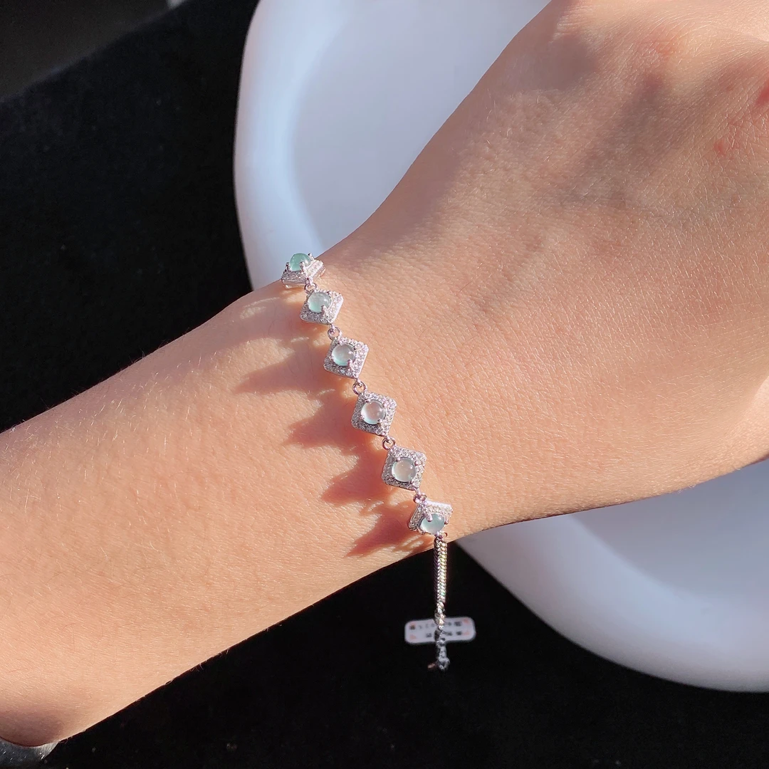 天然翡翠A货蓝冰设计款手链通体S925银镶嵌