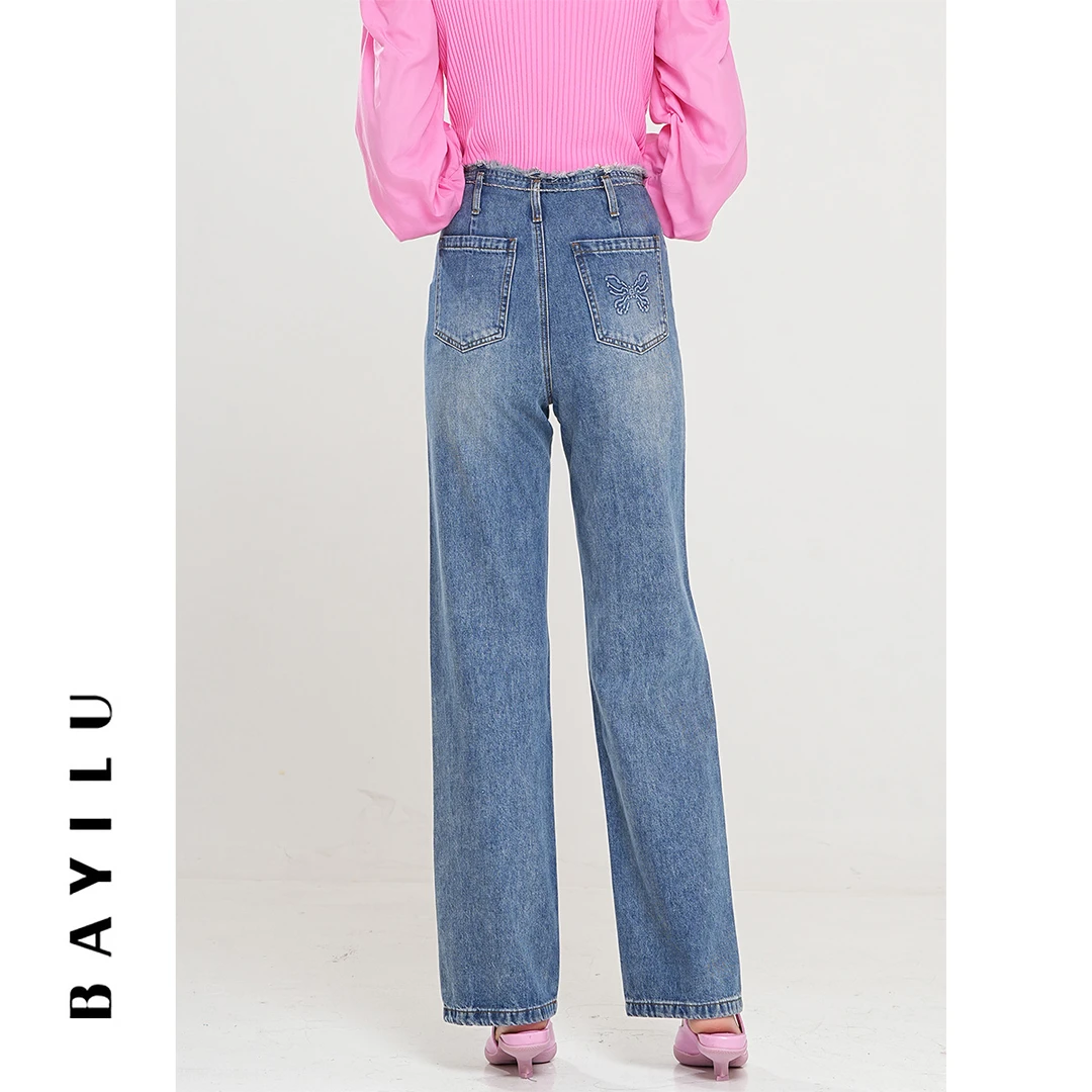 【李易行】芭依璐秋季新款复古直筒阔腿裤时尚牛仔裤 89K2017