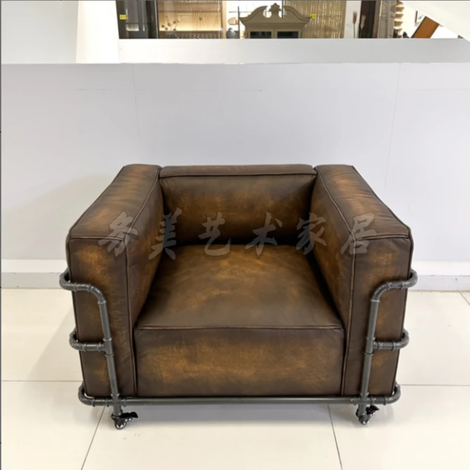 美艺术】loft单人位沙发 美式复古工业风油蜡皮客厅沙发（06822）