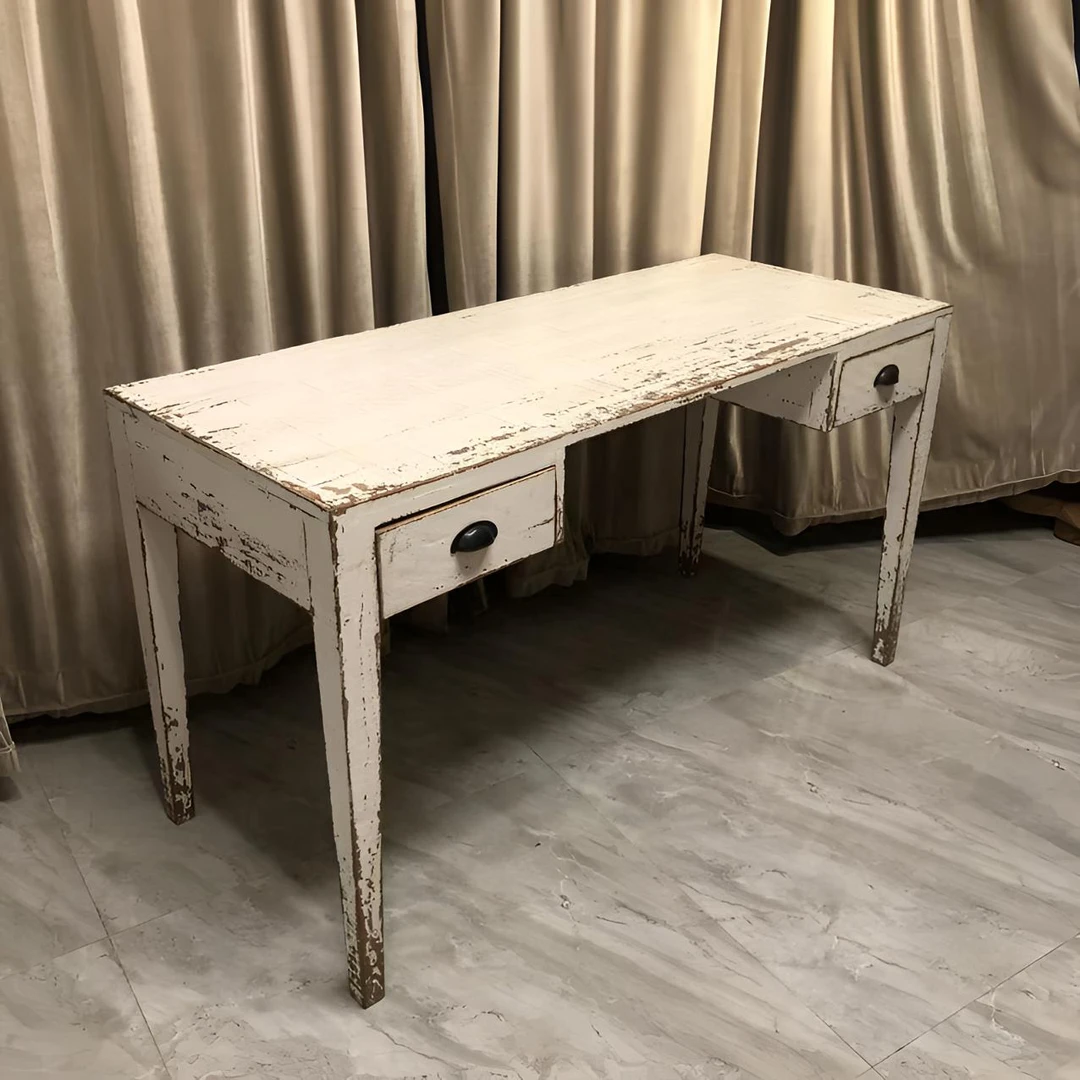 【务美艺术】松木两抽书桌 复古客厅做旧白色实木办公桌（08335）