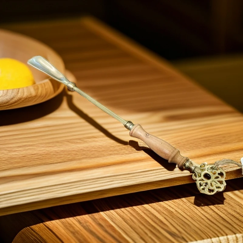 H/博瑞奇黄铜实木鞋拔子 中古玄关孕妇老人换鞋装饰摆件（08460）