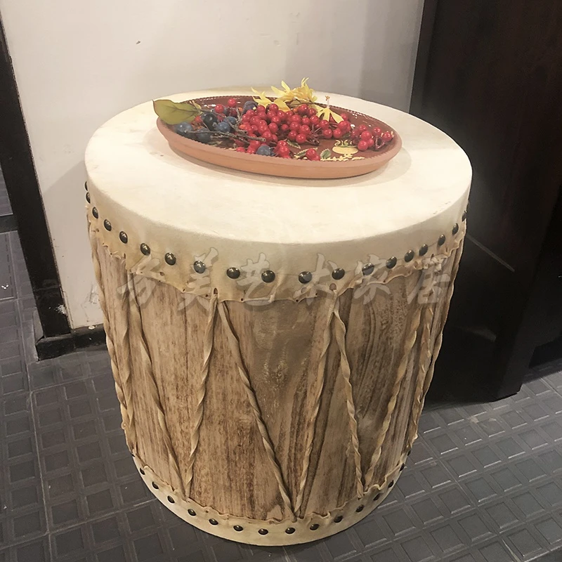 RCH/博瑞奇老榆木牛皮面创意鼓形茶几家用客厅阳台圆几（SH-002）