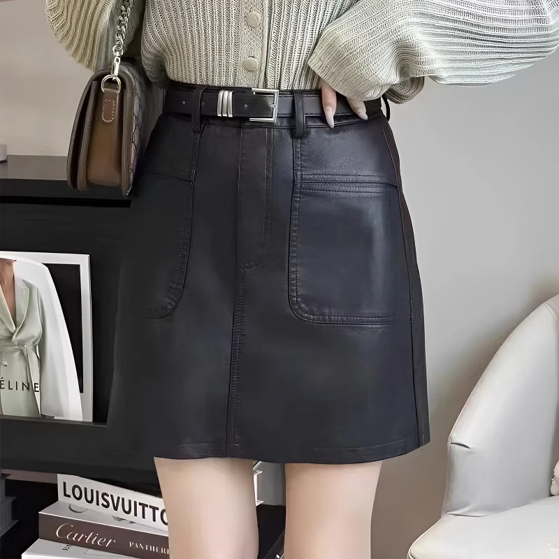 冬季牛皮裙显瘦时尚休闲百搭女士设计感气质2636-JX