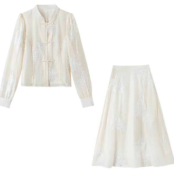 高品质复古中式重工气质提花蕾丝长袖A字裙套装显瘦007