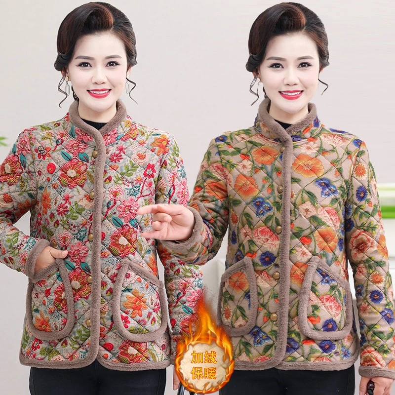 冬季新款妈妈装气质洋气短款外套秋冬加绒棉服加厚保暖中老年棉衣