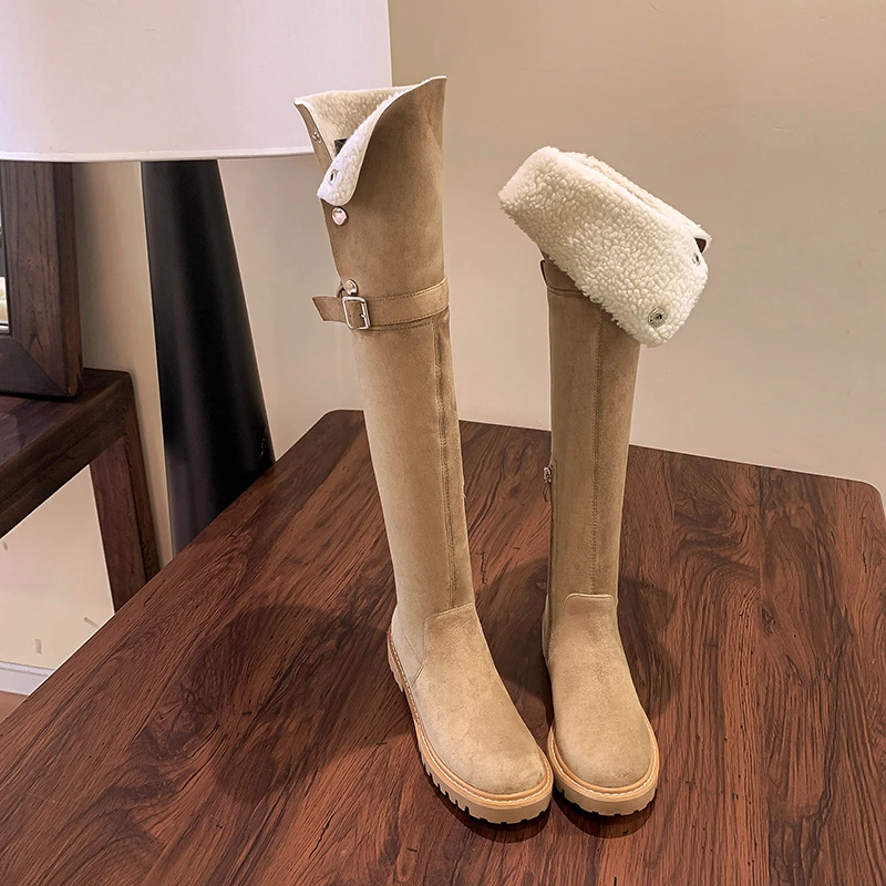 真皮翻折两穿过膝长筒靴女冬平底厚底高筒骑士靴保暖羊羔毛雪地靴