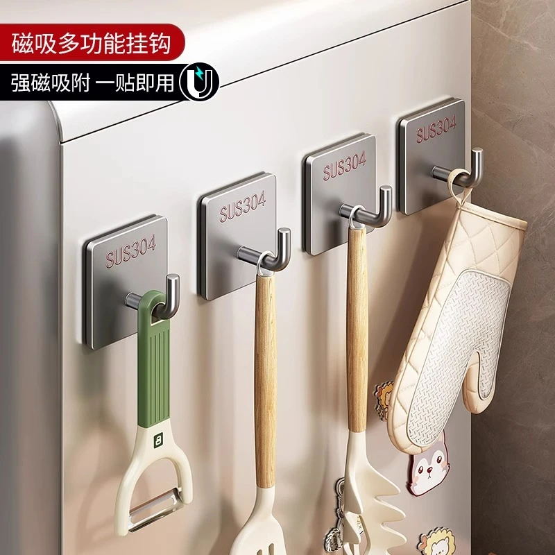 优勤304不锈钢厨房磁吸挂钩冰箱侧面强吸铁石免打孔门后无痕粘钩
