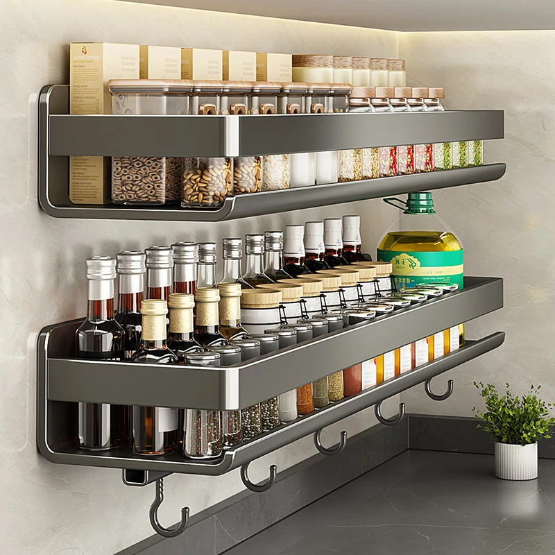 枪灰厨房置物架免打孔壁挂调料架加宽调味品多功能家用大全收纳架