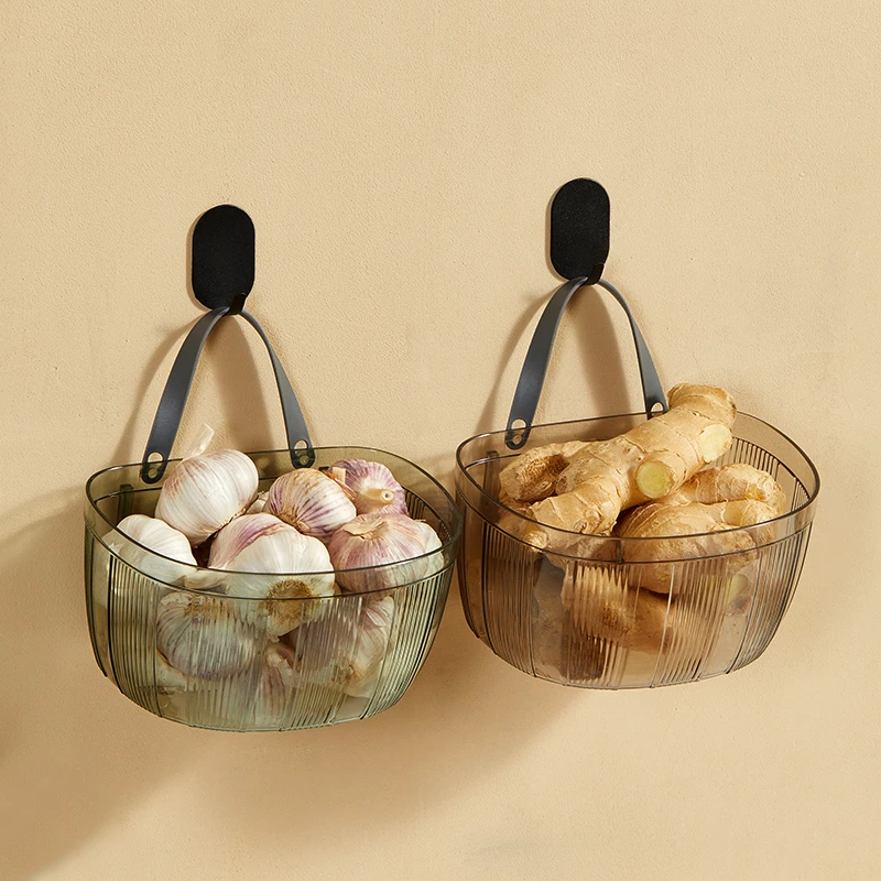 葱姜蒜收纳篮厨房放蒜头置物筐免打孔壁挂调料生姜大蒜墙上挂架