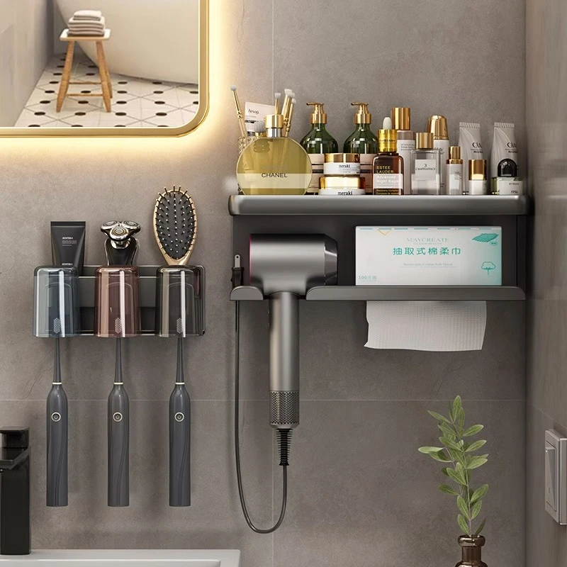 牙刷置物架免打孔枪灰卫生间漱口杯刷牙杯收纳壁挂式电动牙刷架子