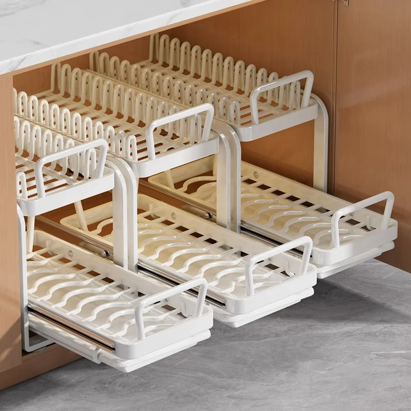 优勤厨房橱柜抽拉式碗碟置物架抽屉碗盘收纳架盘子沥水架放碗架子