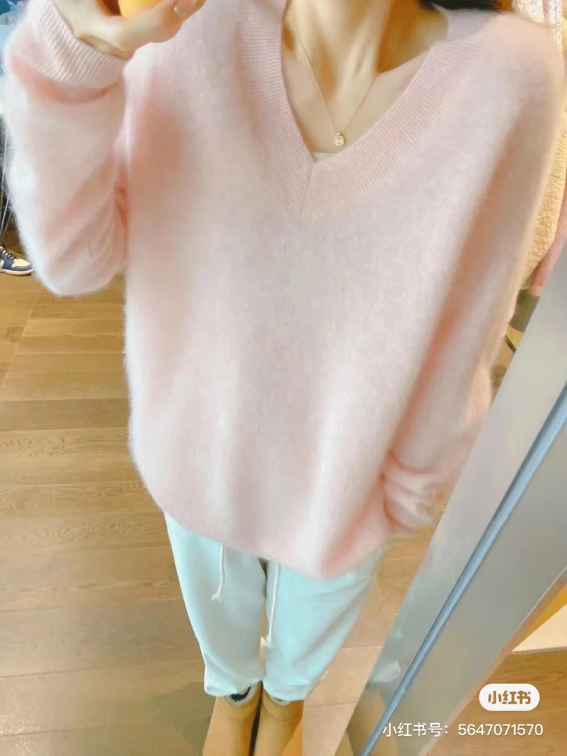 新品新款  珍贝√纱线100%山羊绒拉绒V 领女衫