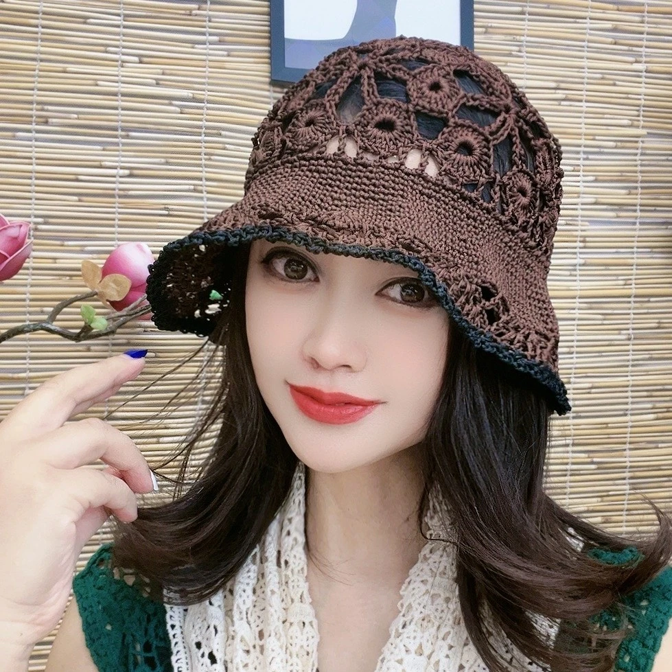 冰丝梅花渔夫后开口蝴蝶结手工编织遮阳帽