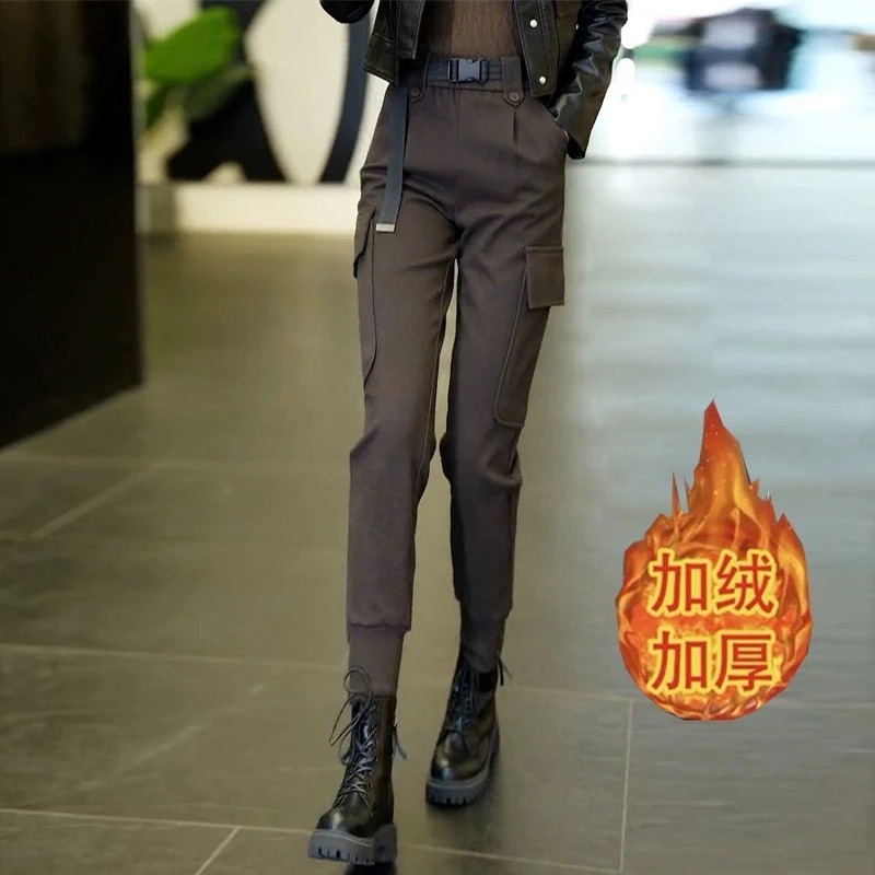 秋冬高端毛呢工装裤女2025新款欧货爆款休闲裤加绒加厚哈伦小脚裤