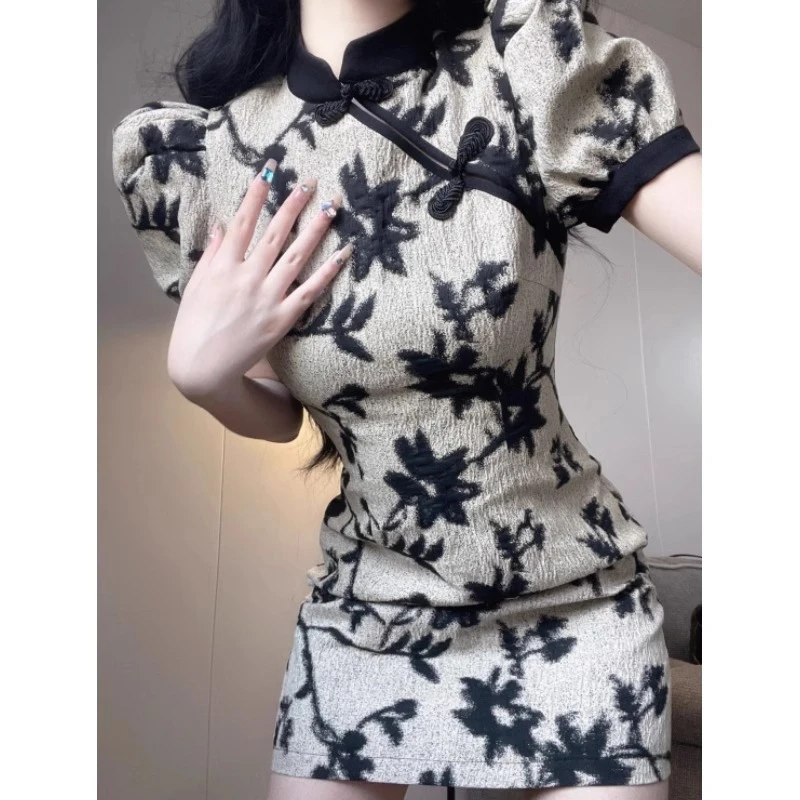 新中式国风改良旗袍连衣裙女2025夏季高级感小个子收腰包臀短裙子