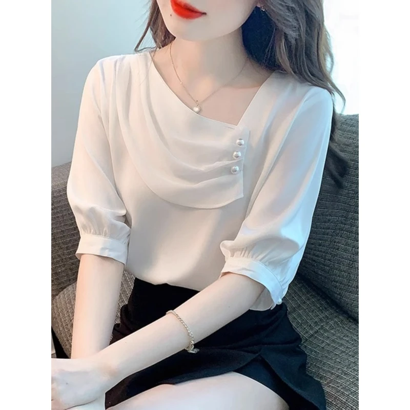 夏季高级感斜领雪纺衫女短袖2025新款白色气质精致小衫半袖上衣夏