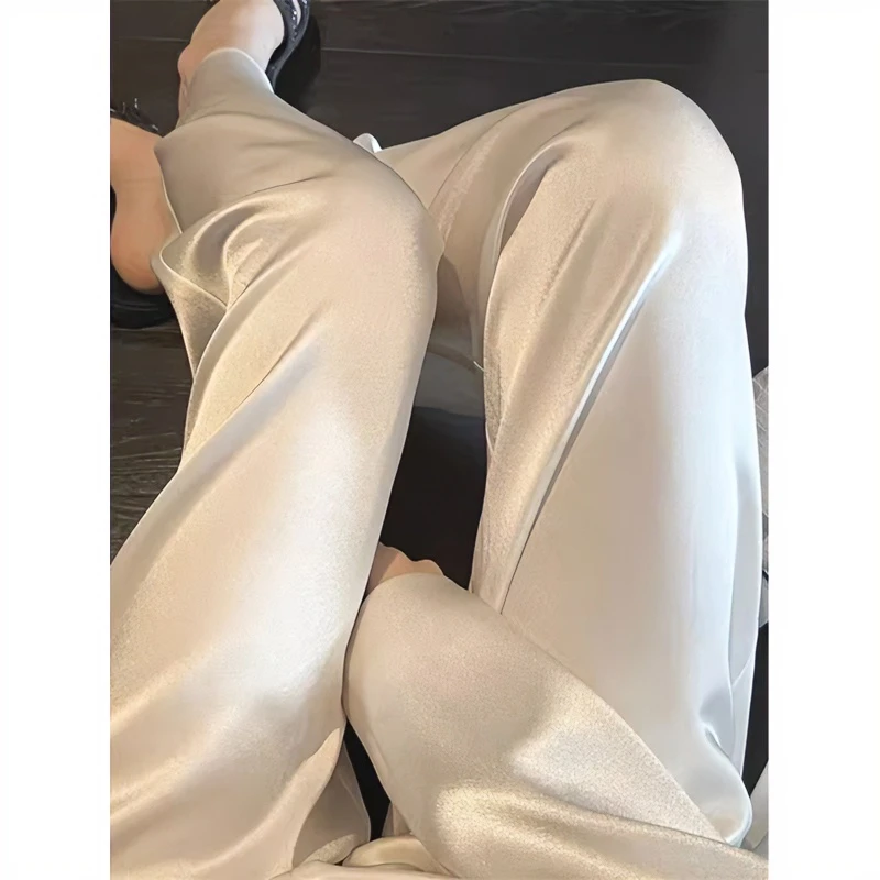 高档醋酸缎面阔腿裤女2025新款香槟色垂感夏季薄款冰丝休闲长裤子