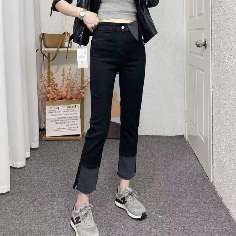 高端黑色九分翻边牛仔裤女秋冬加绒2025新款高腰休闲直筒烟管裤子