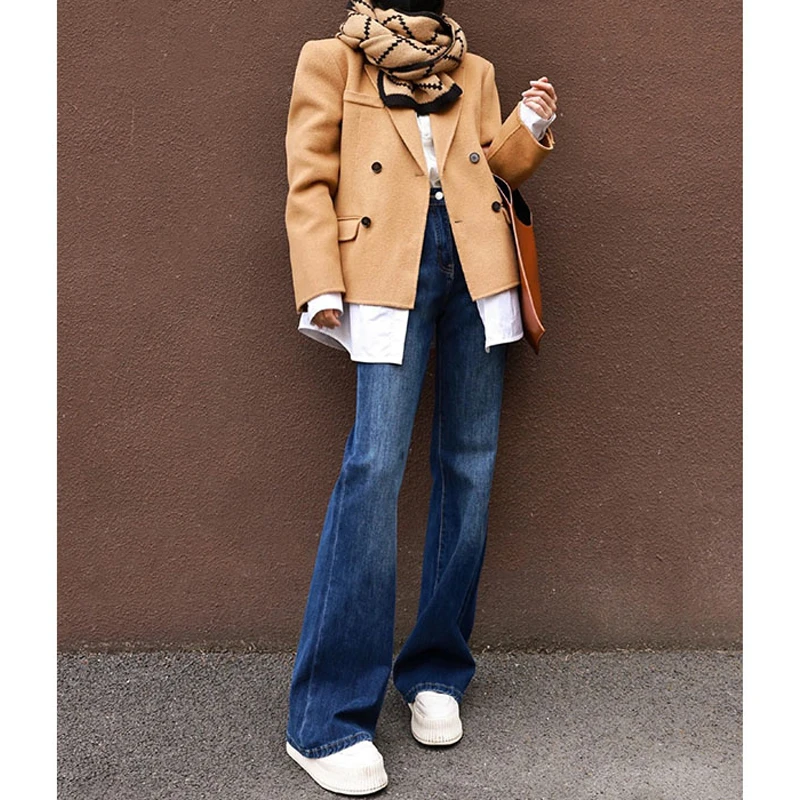 高档深蓝色微喇叭牛仔裤女春秋2025新款加绒直筒阔腿裤高腰拖地裤