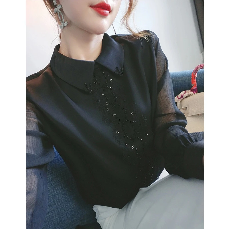 上档次蕾丝雪纺衫女春秋2025年新款内搭轻奢打底衫女长袖黑色上衣