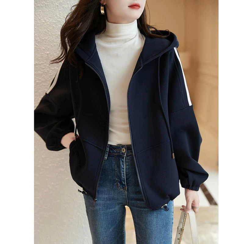 欧货高档休闲上衣女连帽2025新款秋冬女装加厚开衫棒球服卫衣外套