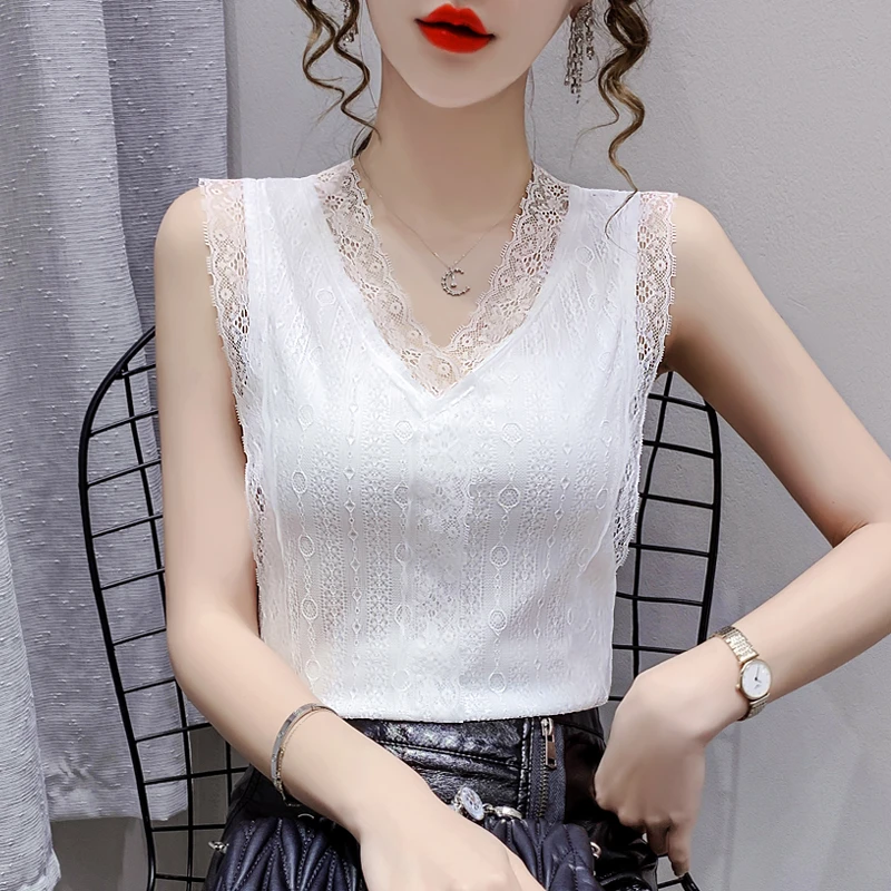 夏季高端白色吊带背心女V领女装蕾丝洋气无袖小衫时尚外穿上衣夏