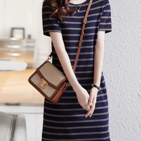 夏款高档休闲连衣裙女薄款2025新款高级感中长款条纹冰丝t恤裙子