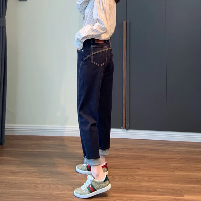 高端爆款九分牛仔裤女秋冬加绒2025新款小个子高腰直筒老爹哈伦裤