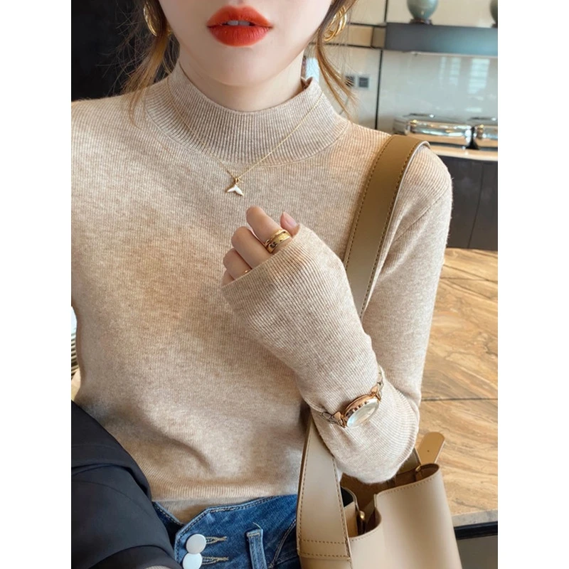 高档白色针织衫女2025新款秋冬内搭半高领长袖打底衫修身显瘦上衣