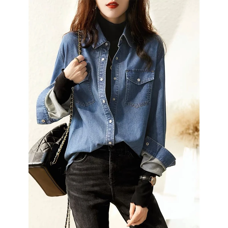 春秋高级感气质牛仔衬衫外套女2025秋装新款叠穿衬衣内搭蓝色上衣