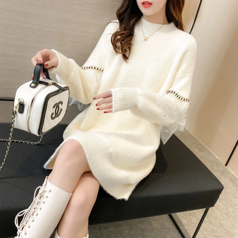 高级感白色中长款加厚毛衣裙女2025新款秋季打底遮屁股针织衫上衣