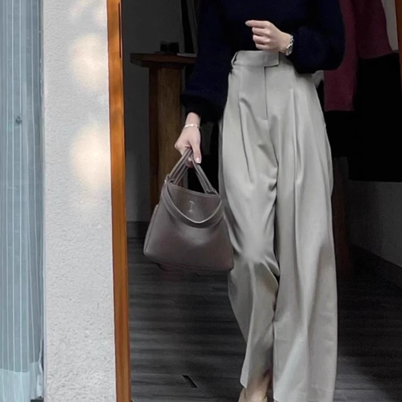 高档灰色西装裤女夏季薄款2025新款高腰宽松垂感九分休闲阔腿裤子